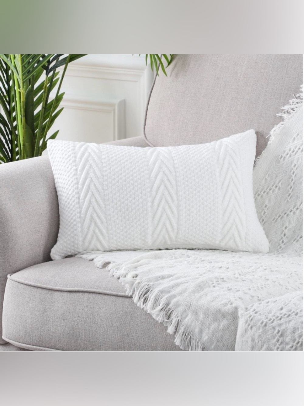 Cotton Knitted Decorative Lumbar Throw Pillow Cover 12x20” WHITE